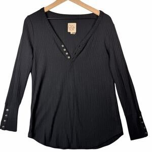 Chaser Black Henley Thermal Waffle Knit Button Cuff Sleeve Shirt Top Women's L